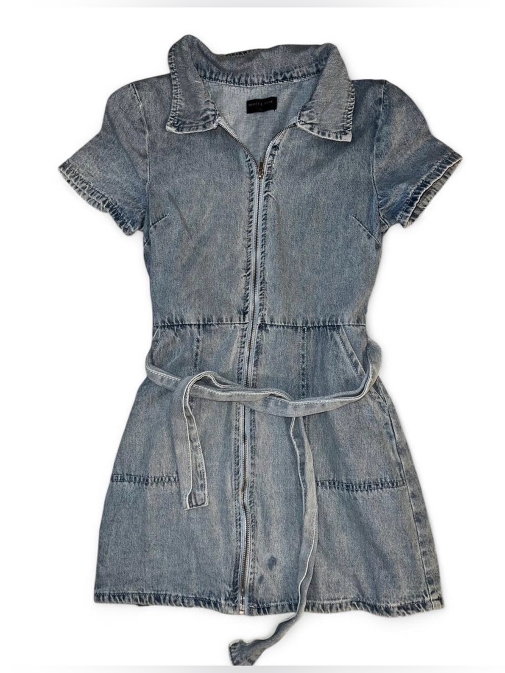 White Fox Light Wash Denim Zip Front Dress with Belt